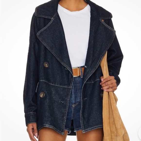 Free People - Denim Car Jacket NWOT L Double Breasted Pockets -Oversized Size M - Picture 9 of 11